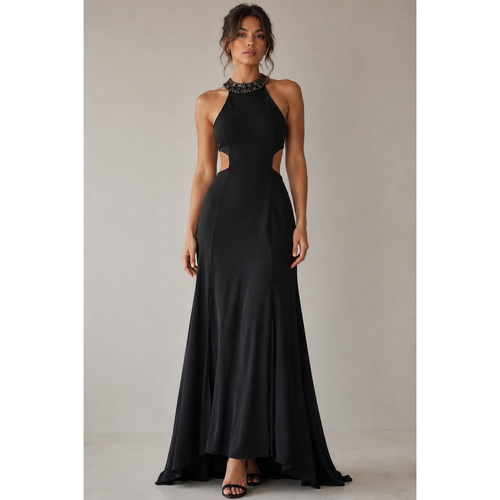 Faviana Black Beaded Halter Cutout Open Back Formal Gown Size 2